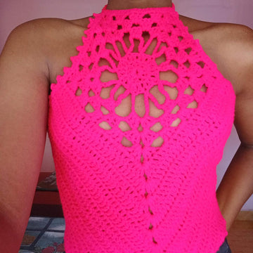 Crochet Halter top- Pink Flower flare halter top