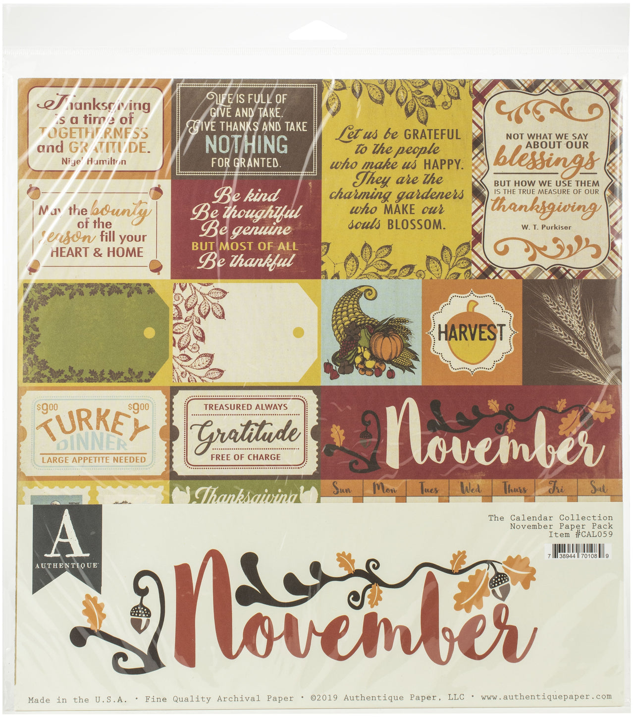 Authentique Paper Authentique Double-Sided Cardstock Pack 12"X12" 11/Pkg - November, 3 Designs/3 Each + 2 Solids