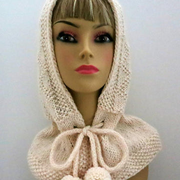 Hooded Scarf, Hooded Hat, Hooded Collar, Elegant Hood with Drawstrings and Pompoms