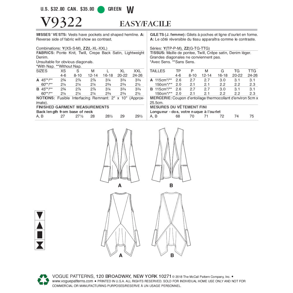 Vogue Misses' Vest V9322 - Sewing Pattern