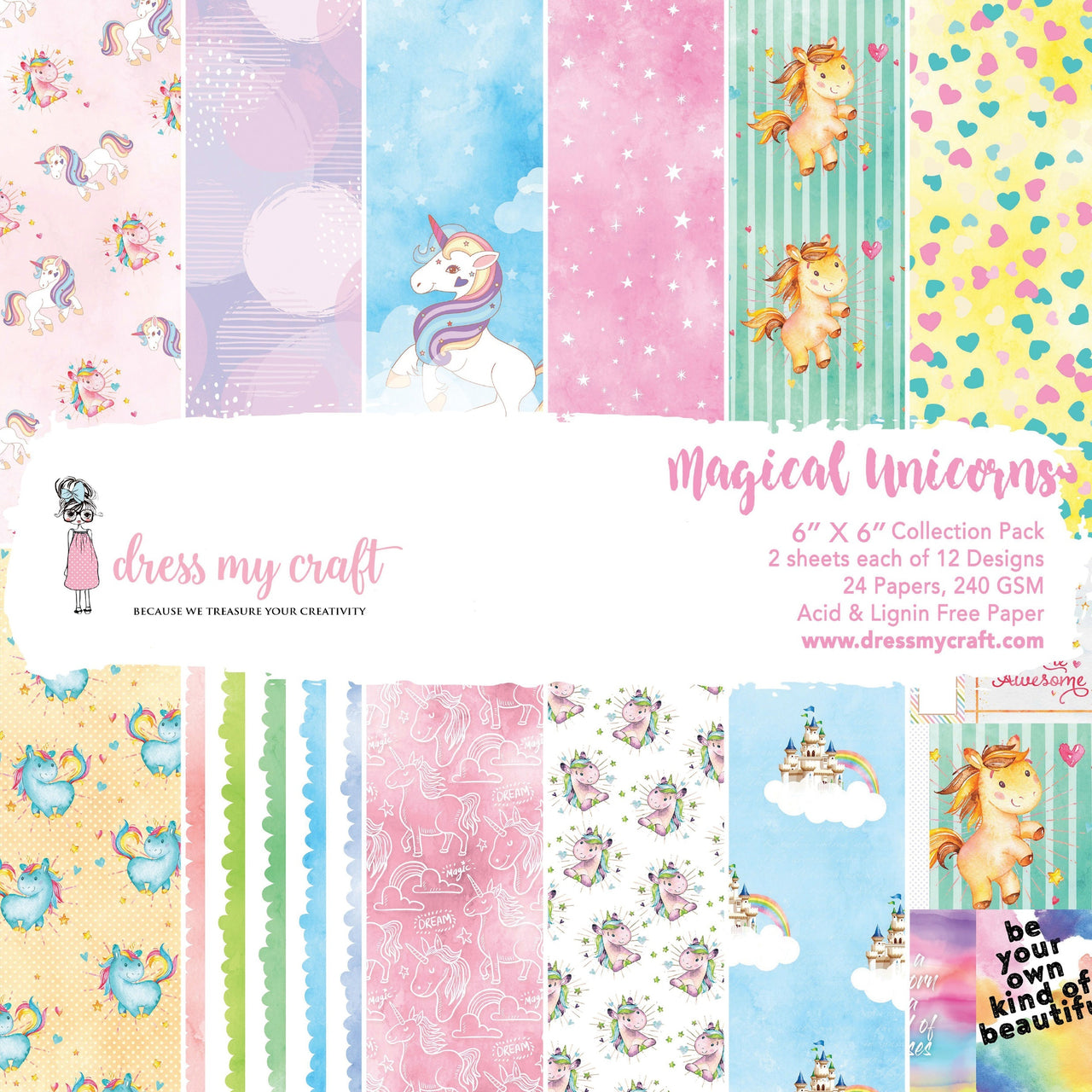 Dress My Crafts Single-Sided Paper Pad 6"X6" 24/Pkg - Magical Unicorn, 12 Designs/2 Each