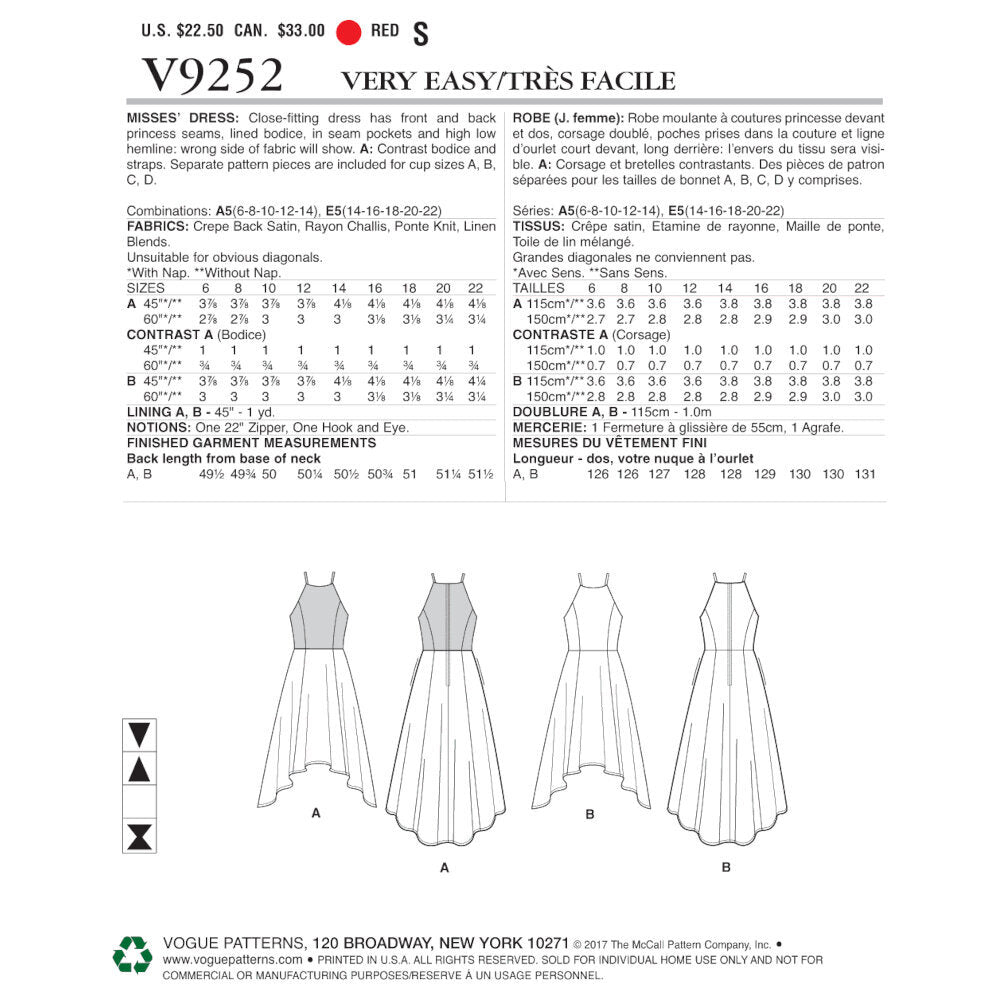 Vogue Misses' Princess Seam High-Low Dresses with Pockets V9252 - Sewing Pattern