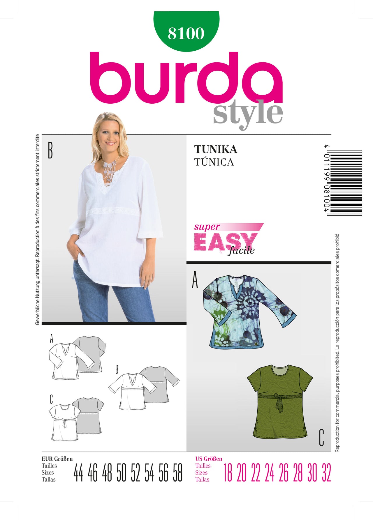 Burda Burda Style, Tunic B8100 - Paper Pattern, Size 18-32