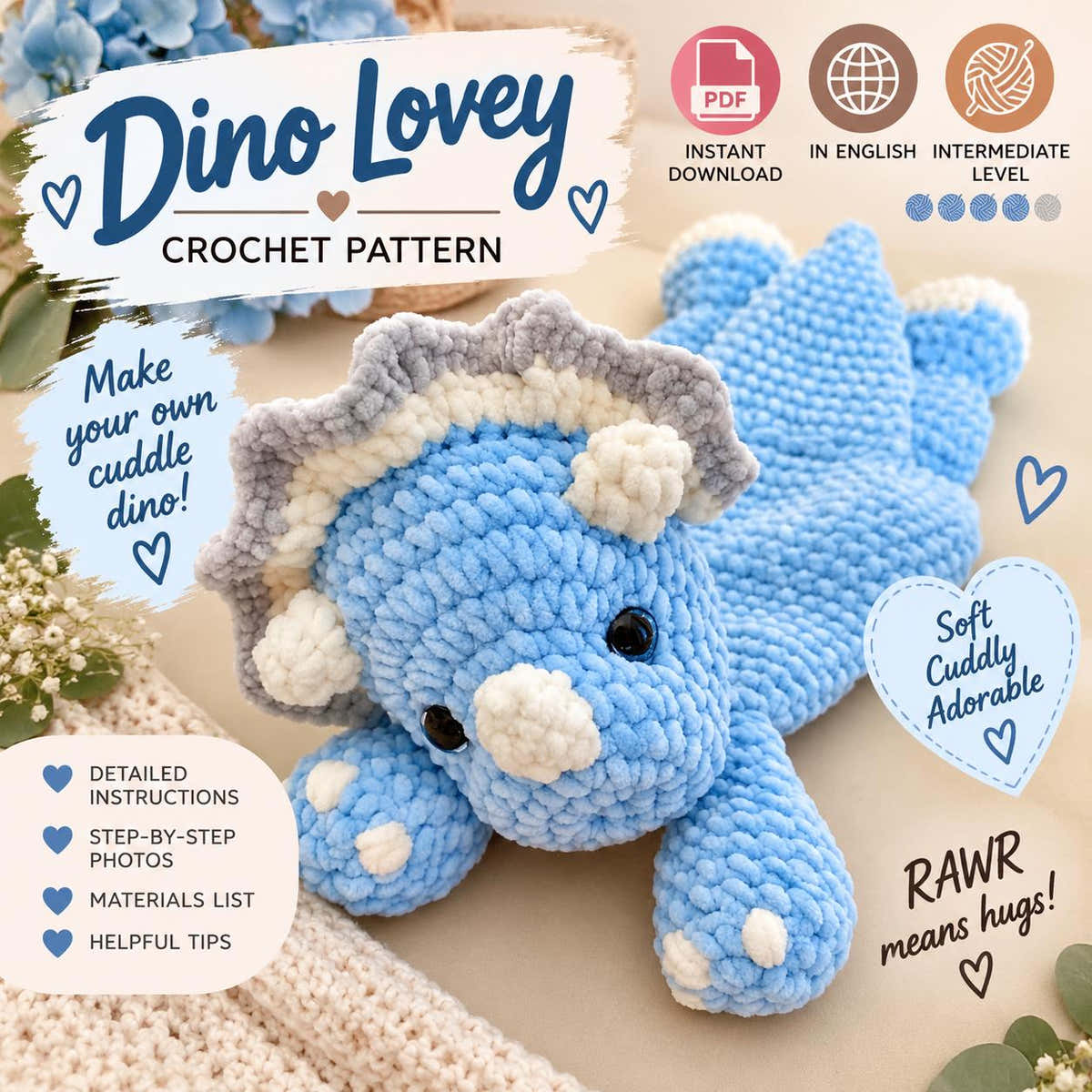 Sweetiesaur Triceratops Lovey Crochet Pattern